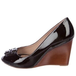 Tory Burch Lowell black patent peep toe wedge heel